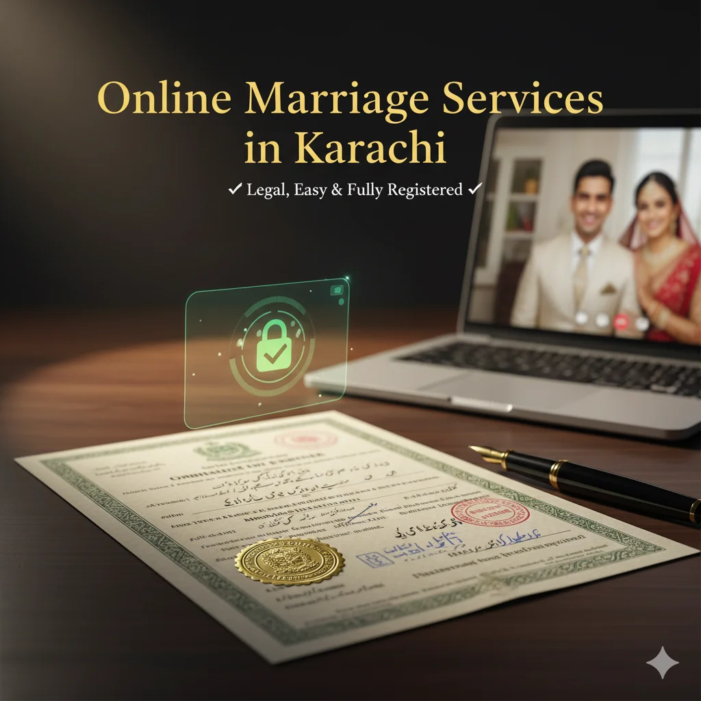 Bride and groom signing registered Nikah Nama during online marriage in Karachi