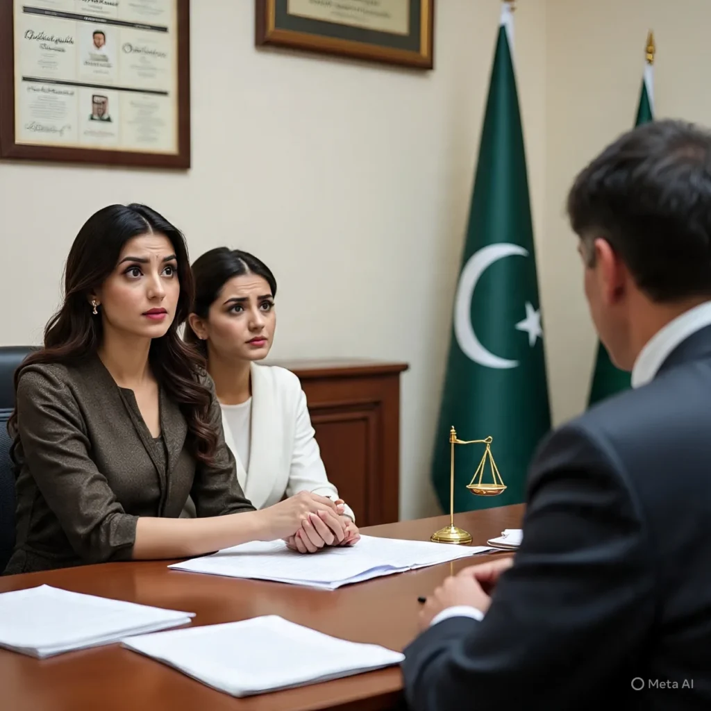 A female lawyer from Qanoon Group in professional attire advising a client at the Pakistan Marriage Services office in Karachi.