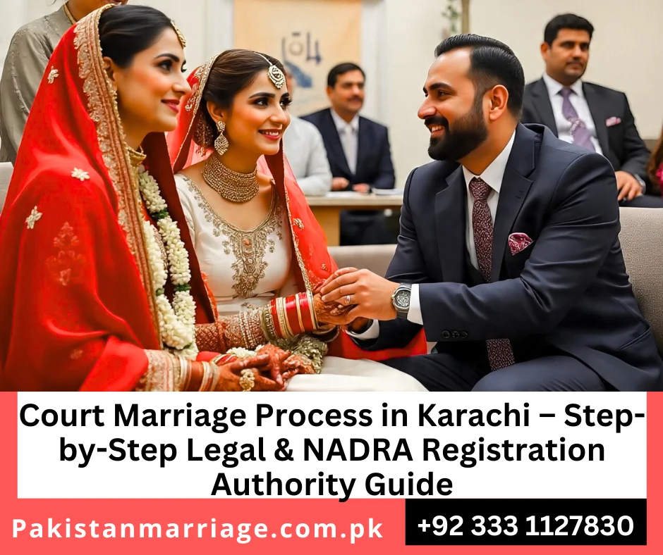 Bride and groom signing Nikah Nama under lawyer supervision for legal court marriage in Karachi
