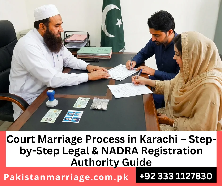 Visual flow of legal court marriage process including Nikah, Union Council filing and NADRA CRMS verification in Karachi