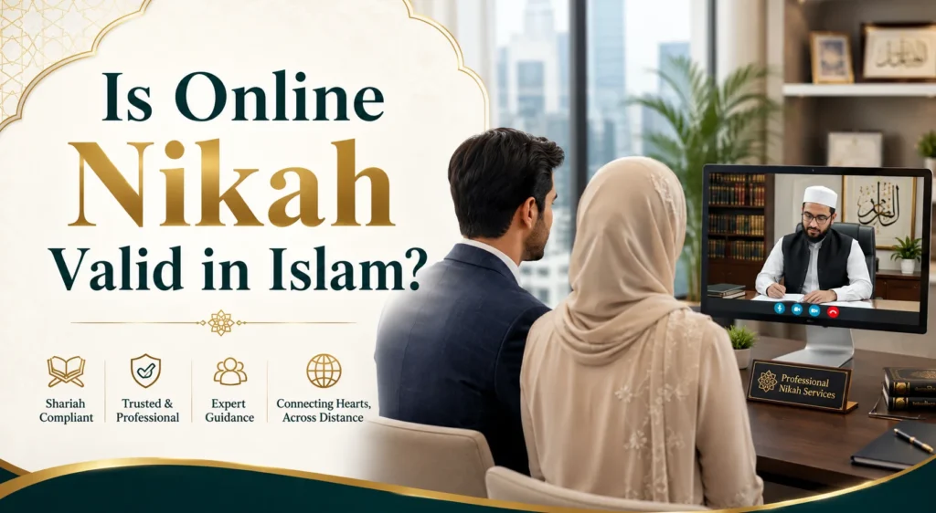 Is Online Nikah Valid in Islam? Professional online Nikah consultation with Muslim couple, Nikah Khawan and office setting