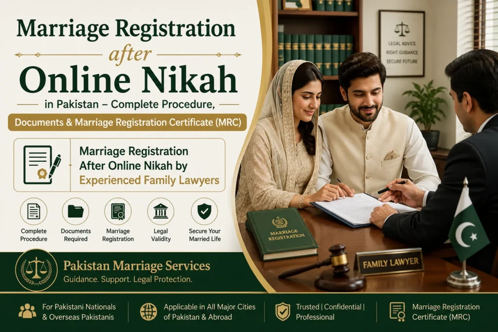 Marriage Registration after Online Nikah in Pakistan – Complete Procedure, Documents & Marriage Registration Certificate (MRC) with couple consulting family lawyers in a professional office