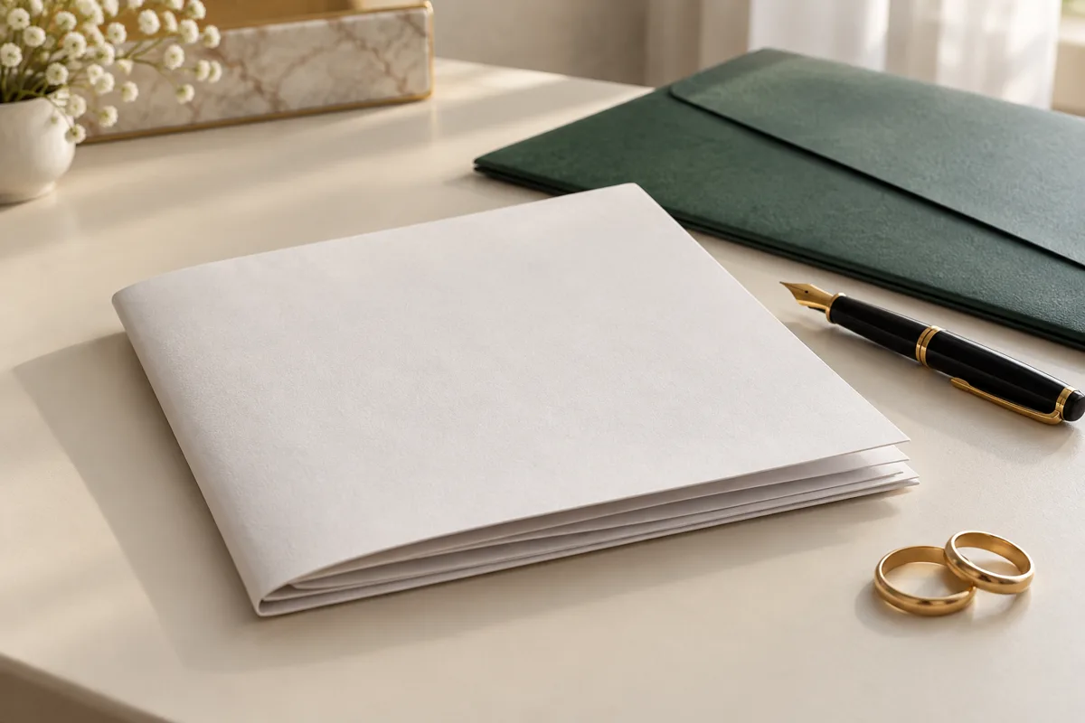 Blank marriage document booklet, pen and wedding rings on a desk