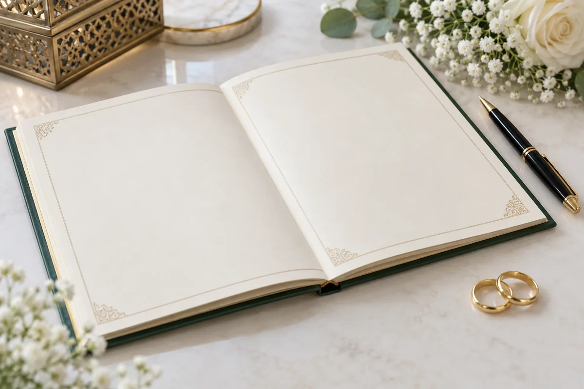 Blank marriage agreement booklet with rings and pen; conceptual illustration