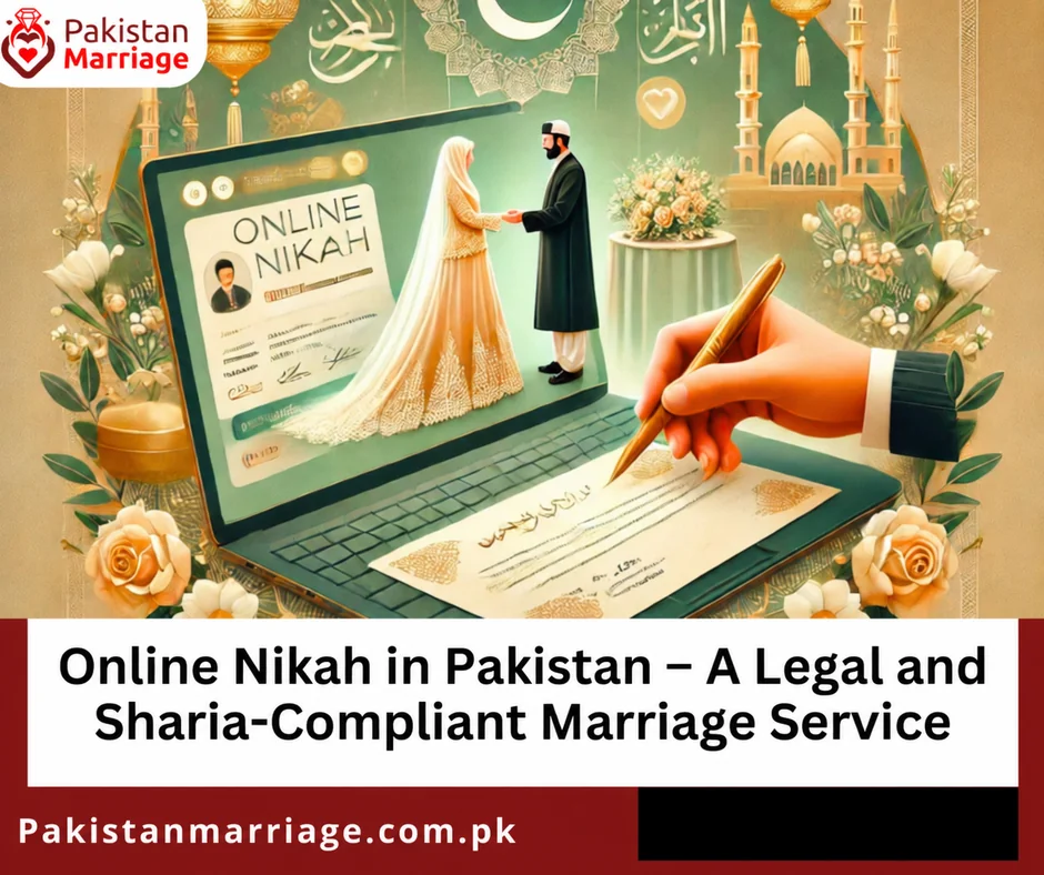 Conceptual illustration of an online Nikah consultation and marriage documents; not an actual certificate or ceremony.