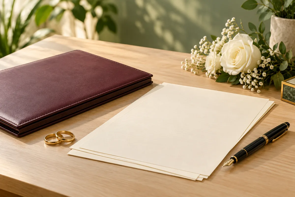 Conceptual document preparation with blank papers, rings, folder and pen