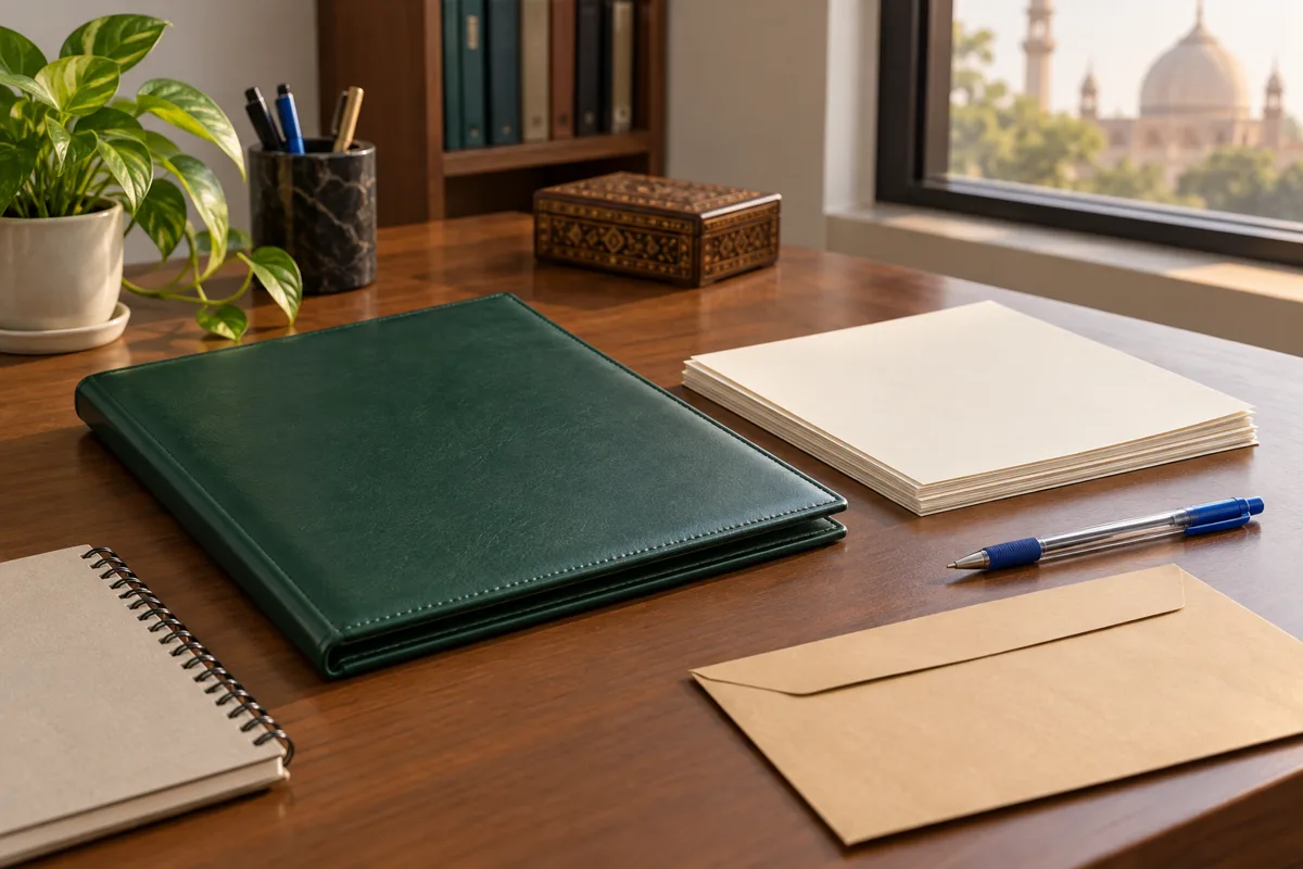 Conceptual preparation of a local marriage registration file with folder, blank papers and pen